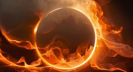 Wall Mural - Abstract image of red smoke behind a golden circle on a black background. Concept Art, Abstract, Smoke, Red, Golden Circle