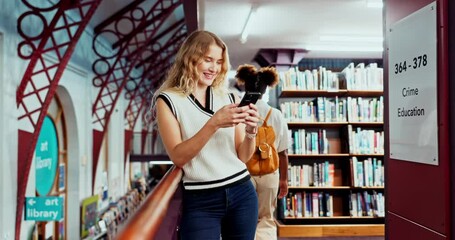 Wall Mural - University, library and girl with smartphone, typing and contact with social media, college and education. Person, law student or woman with cellphone, knowledge or texting with crime degree or smile