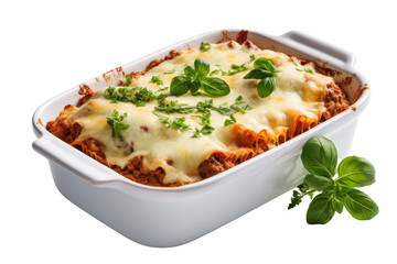 Canvas Print - Lasagna In Baking Dish isolated on transparent background, png, cut out.