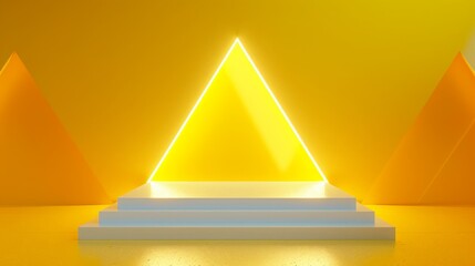 Fototapete - A geometric art installation featuring a neon-lit pyramid set against a vivid yellow background, situated on white stairs.