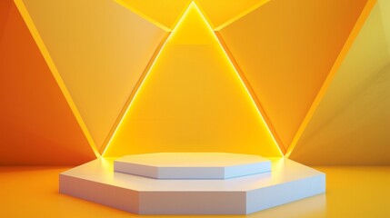 Fototapete - A geometric backdrop featuring vibrant orange and yellow tones illuminates a white hexagonal pedestal, creating a striking and modern display at sunset.