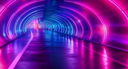 Wall Mural - Illuminated by Purple and Blue Neon Lights: A Futuristic Corridor on Abstract Background. Concept Futuristic Design, Neon Lights, Abstract Background, Purple and Blue Tones, Corridor Aesthetics