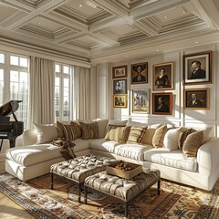 Wall Mural - Experience the cozy charm of a classic American living room complete with a coffered ceiling, a traditional mantel adorned with family photos, and a comfortable leather recliner