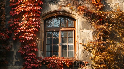 Wall Mural - Autumn foliage with vintage window of Prague city in Czech Republic in Europe.