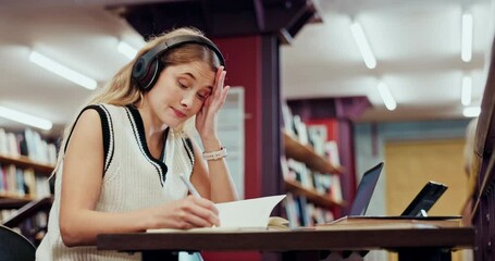 Poster - Girl, headphones and tired in library, studying and yawning for assignment, college and burnout. Exhausted, deadline and learning for writing project, university student and information for reading