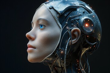 Wall Mural - Close-Up of a Futuristic Female Cyborg with Blue Eyes and Advanced Technology - Perfect for Sci-Fi, Robotics, and Artificial Intelligence-Themed Designs and Projects