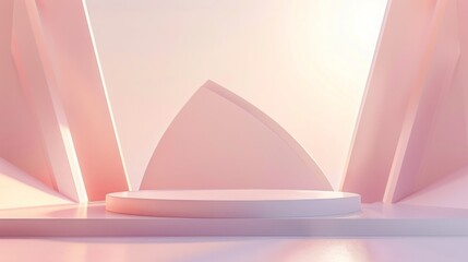 Fototapete - A minimalistic display pedestal is set against a soft pink geometric backdrop with gentle lighting, creating an elegant atmosphere perfect for showcasing products or art pieces.