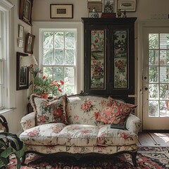 Wall Mural - Experience the cozy charm of a classic American living room complete with a coffered ceiling, a traditional mantel adorned with family photos, and a comfortable leather recliner