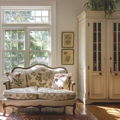 Wall Mural - Experience the cozy charm of a classic American living room complete with a coffered ceiling, a traditional mantel adorned with family photos, and a comfortable leather recliner