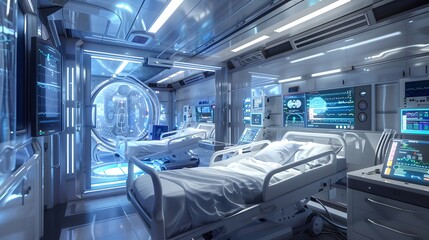 
Visualize a futuristic ICU with telemedicine capabilities, allowing specialists to remotely monitor and treat patients