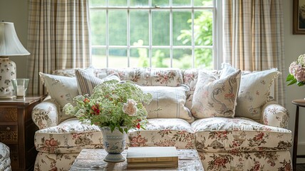 Wall Mural - Experience the cozy charm of a classic American living room complete with a coffered ceiling, a traditional mantel adorned with family photos, and a comfortable leather recliner