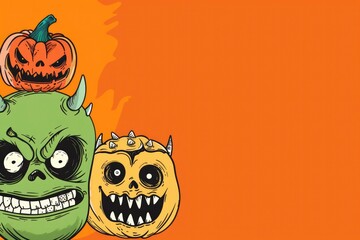 Wall Mural - Heads of different Halloween monsters on a plain orange background. Postcard, illustration for the autumn holiday Halloween. Scary funny heroes monsters