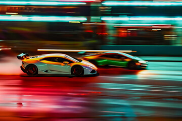 Two cars in motion on city street at night. Racing at high speed on public road. White and green sedans drive on wet winter road