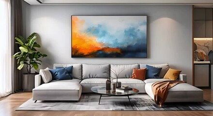 Wall Mural - Modern living room art displayed on a canvas mockup. Concept Living Room Decor, Canvas Art, Modern Interior, Home Display, Wall Decor