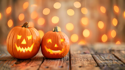 halloween pumpkins with smiling faces carved in the style of wooden table against a blurred lights b