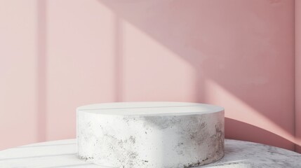 Leinwandbilder - A round marble pedestal stands on a textured surface, casting subtle shadows against a soft pink background in daylight.