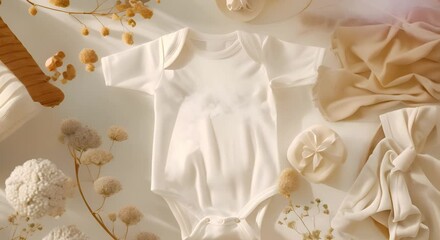 Wall Mural - Newborn white bodysuit mockup for baby clothes top view. Concept Baby Clothes, Newborn Fashion, White Bodysuit, Mockup, Top View