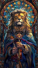 Wall Mural - A lion is holding a sword and standing in front of a stained glass window