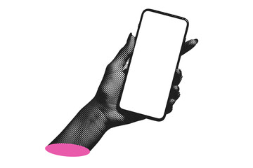 a hand holding a mobile phone with blank screen, grunge halftone collage montage design element