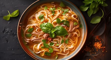 Wall Mural - Vietnamese Pho Bowl with Steaming Broth and Fresh Herbs from Overhead View. Concept Vietnamese Cuisine, Food Photography, Traditional Dishes, Vibrant Colors, Cooking Inspiration