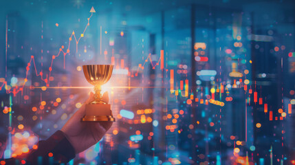 Poster - Trophy being held with futuristic cityscape and financial graphs in the background