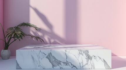 Poster - A marble pedestal sits beside a potted plant against a pink wall. Sunlight and shadows create a serene atmosphere.