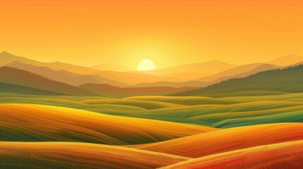 Wall Mural - Field with hills and setting sun