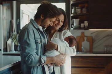 Cinematic photo of an attractive young couple holding their newborn baby 