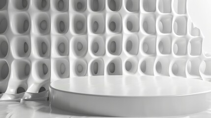 Leinwandbilder - A white geometric structure featuring elongated hexagonal shapes with a smooth circular platform in the foreground, illuminated by daylight.