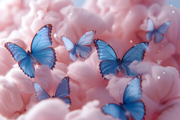 Poster - A macro view of cotton candy with tiny edible butterflies resting on it,