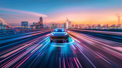 Poster - Modern vehicle with dynamic light trails on a digitalized highway against a vibrant city skyline