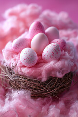 Fototapete - A cotton candy nest with pastel-colored eggs inside, set against a simple background,