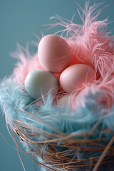 Aufkleber - A cotton candy nest with pastel-colored eggs inside, set against a simple background,