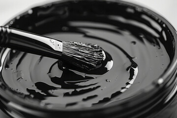 Poster - A close-up of a gel eyeliner pot with a brush dipping in, highlighting the creamy consistency,