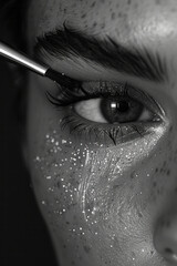 Poster - Detailed view of an eyebrow spoolie brushing through brow hairs, capturing the grooming process,