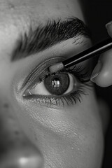 Poster - Detailed view of an eyebrow spoolie brushing through brow hairs, capturing the grooming process,