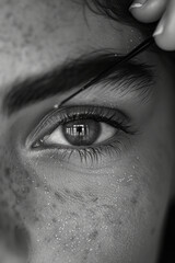 Poster - Detailed view of an eyebrow spoolie brushing through brow hairs, capturing the grooming process,