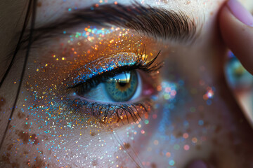 Poster - A close-up of glitter eyeshadow being pressed onto the eyelid, with individual glitter particles visible,