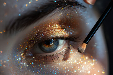 Poster - A close-up of glitter eyeshadow being pressed onto the eyelid, with individual glitter particles visible,