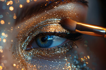 Poster - A close-up of glitter eyeshadow being pressed onto the eyelid, with individual glitter particles visible,