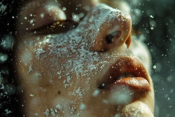 Poster - Detailed view of a setting powder being dusted over the face, with the fine particles floating in the air,