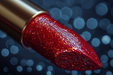 Poster - Macro shot of a lipstick bullet applying color to the lips, capturing the creamy texture and rich pigment,