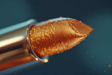 Poster - Macro shot of a lipstick bullet applying color to the lips, capturing the creamy texture and rich pigment,