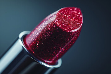 Poster - Macro shot of a lipstick bullet applying color to the lips, capturing the creamy texture and rich pigment,