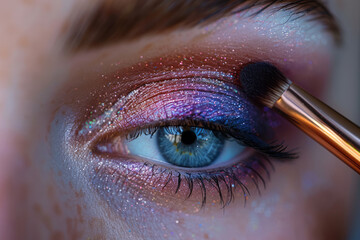 Poster - Close-up of eyeshadow being blended in the crease of the eyelid, with multiple colors softly transitioning,