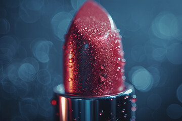Poster - Macro shot of a lipstick bullet applying color to the lips, capturing the creamy texture and rich pigment,