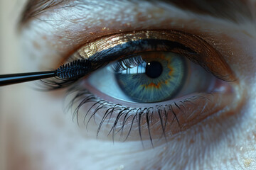 Poster - A close-up of liquid eyeliner being applied to the eyelid, capturing the precise line and glossy finish,