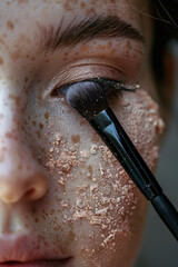 Poster - Detailed view of a makeup brush applying blush to the cheek, with the bristles and powder clearly visible,