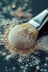 Poster - Detailed view of a makeup brush applying blush to the cheek, with the bristles and powder clearly visible,