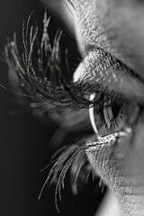 Poster - A close-up of an eyelash curler gripping eyelashes, with fine details of each lash visible,
